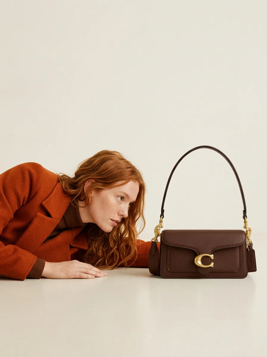 Modelo tumbada mirando el bolso Coach